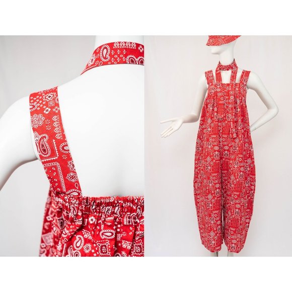 Pants - Women's Vintage Red Sleeveless Full Size Boho Chic Paisley Designer Jumpsuit